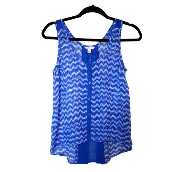 Y2K Oversized Sheer Tank Top Blouse Chevron Stripe Flowy Blue V-Neck Hi Low S - Picture 1 of 11